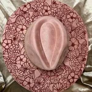 Custom pin free hand burned wide brim hat of seashells and flowers with pearls